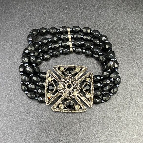 Art Deco Style Maltese Iron Cross Crystal & Plastic Bead Stretch Bracelet - Picture 1 of 5
